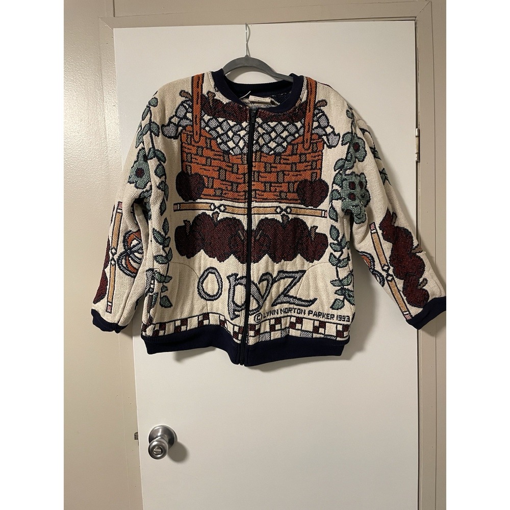 Vtg Tapestry Woven Full Zip Teacher granny cardigan School Apples Alphabet